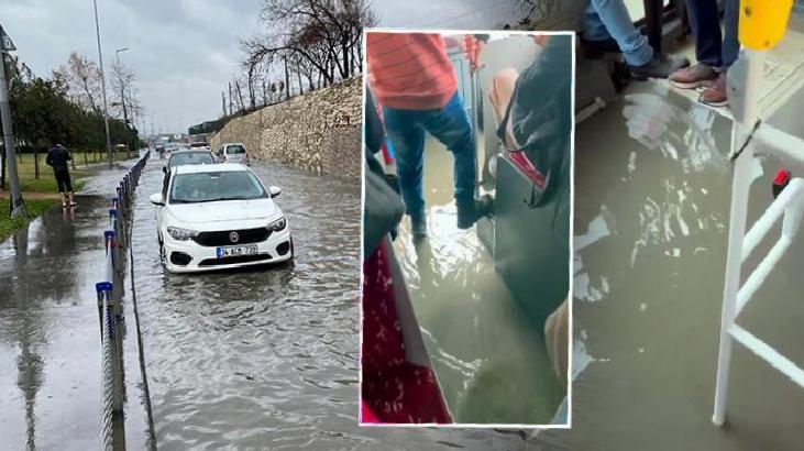 Florya Sahil yolunda rögarlar taştı! Otobüsün içi bile su ile doldu