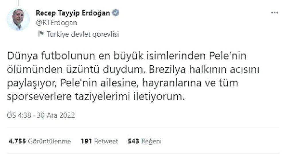 Cumhurbaşkanı Erdoğan’dan Brezilyalı futbolcu Pele için taziye mesajı